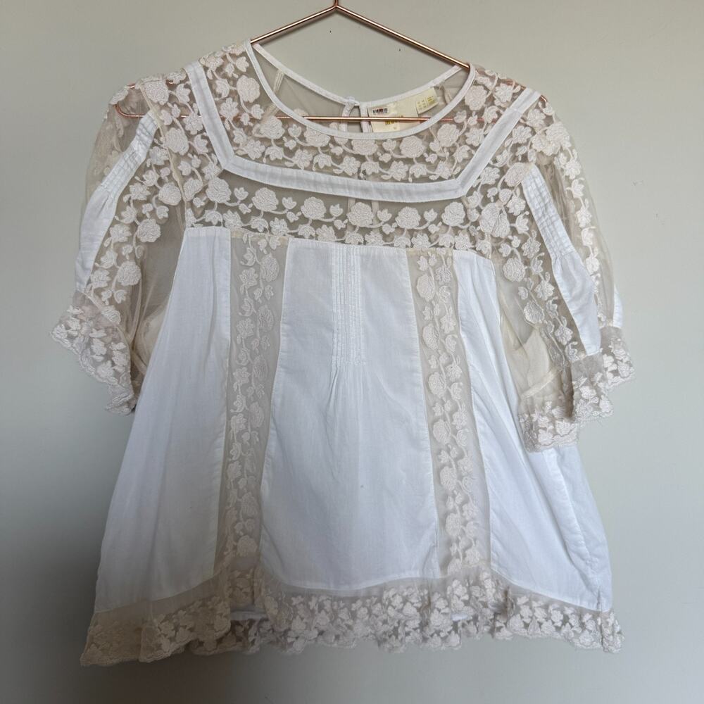 Anthropologie Womens Milkmaid Top 14 Off White Peasant Boho Lace Cottagecore - Picture 2 of 7